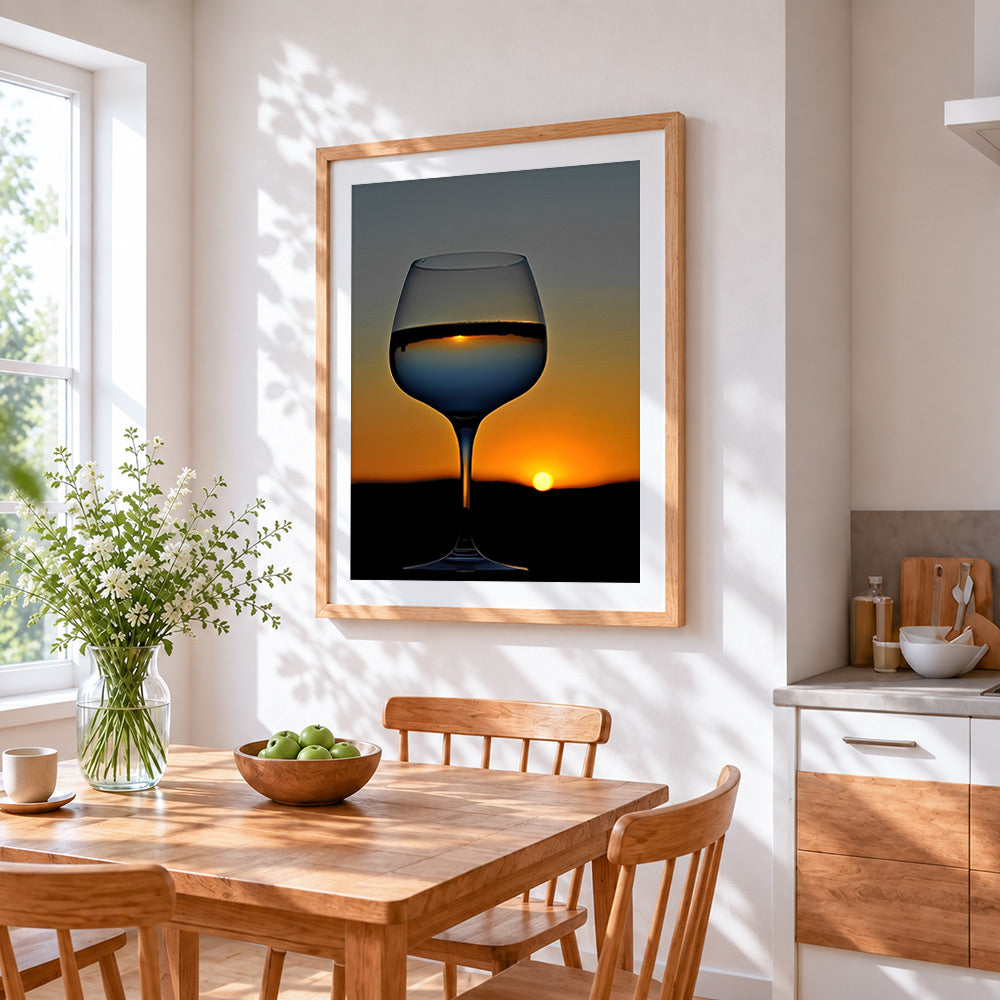 Wine glass sunset cross stitch artwork displayed on wall as home decor