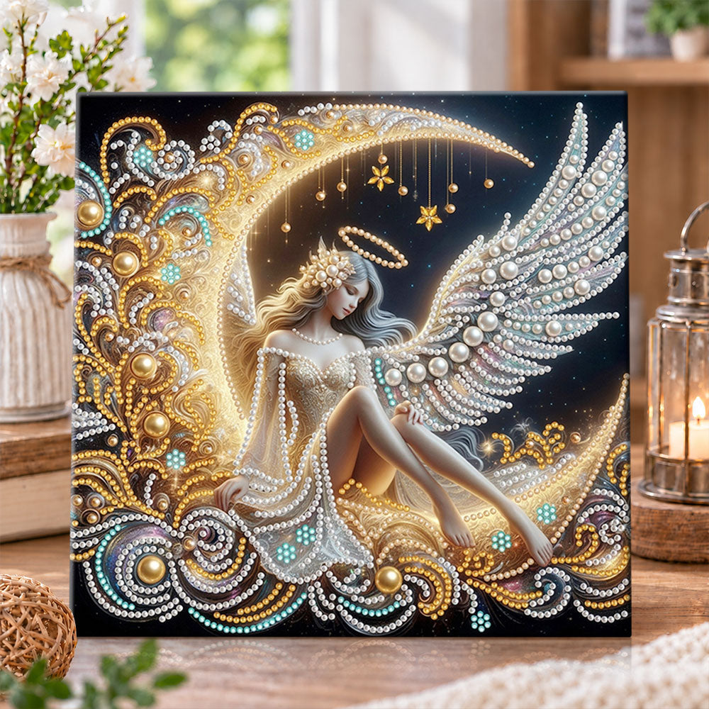 Winged angel on golden crescent moon pearl diamond painting kit for beginners