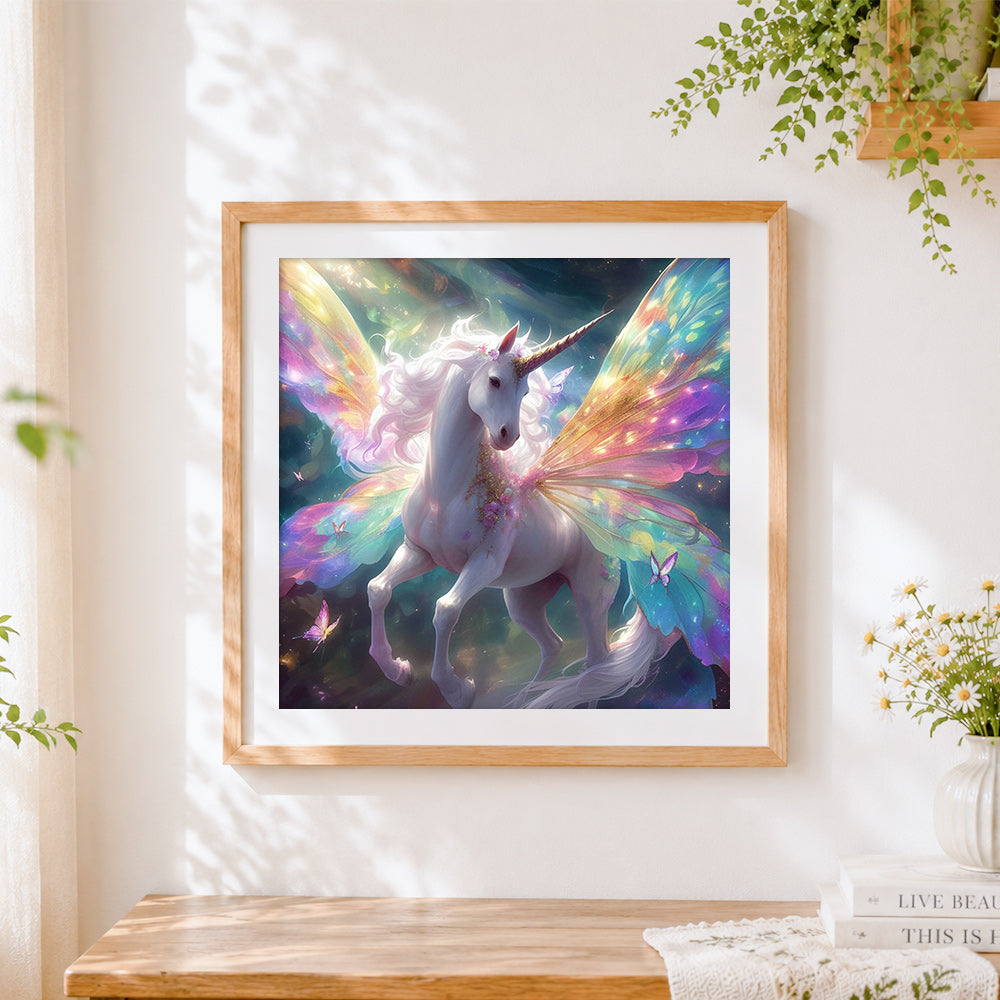 Finished winged rainbow unicorn cross stitch artwork displayed