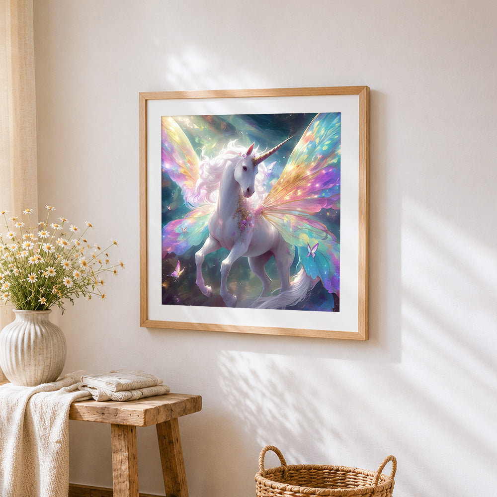 Winged rainbow unicorn cross stitch artwork displayed on wall as home decor