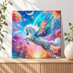 Finished winged unicorn in fantasy forest pearl diamond painting artwork displayed as holiday home decor