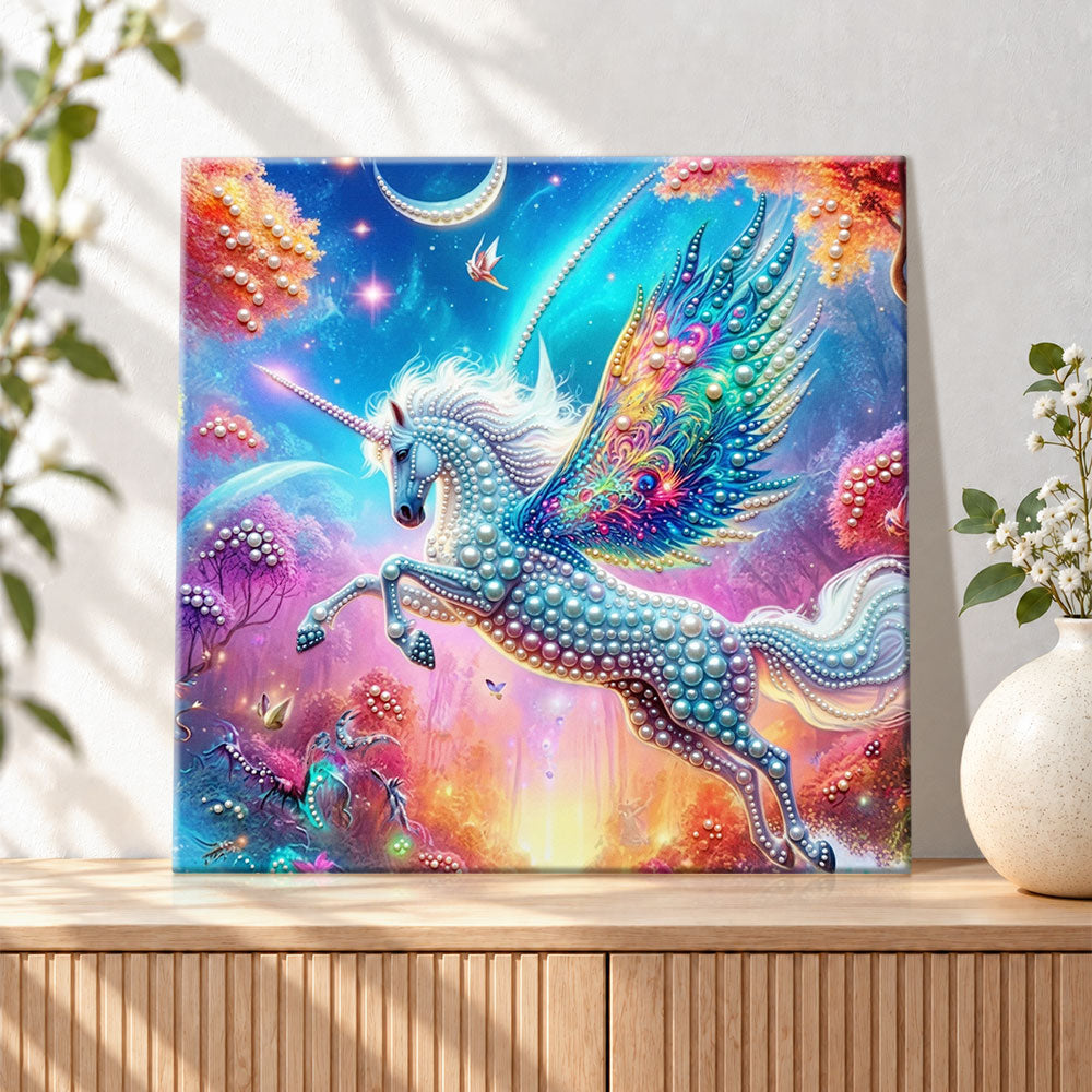 Finished winged unicorn in fantasy forest pearl diamond painting artwork displayed as holiday home decor