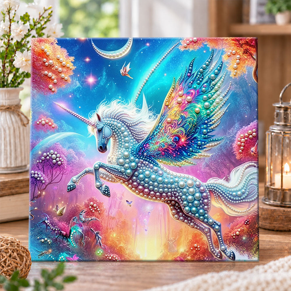Winged unicorn in fantasy forest pearl diamond painting kit for beginners