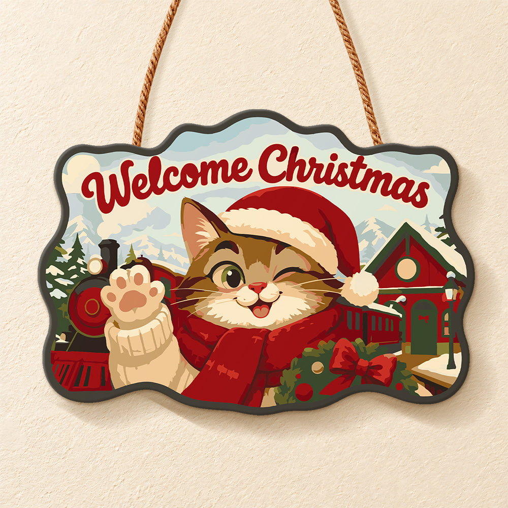Winking cat and christmas train paint by numbers door hanger finished design
