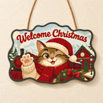 Winking cat and christmas train paint by numbers door hanger finished design