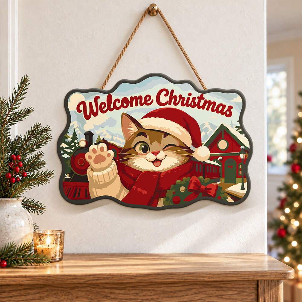 Winking cat and christmas train paint by numbers door hanger as indoor wall decor