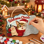 Winking cat and christmas train paint by numbers door hanger painting process