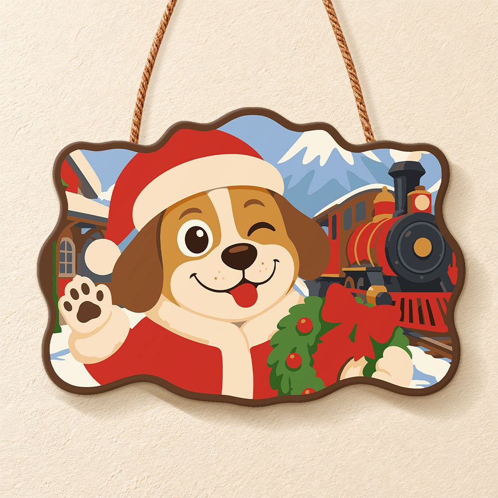 Winking christmas dog paint by numbers door hanger finished design