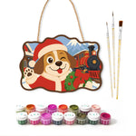 Winking christmas dog paint by numbers door hanger with paints and brushes