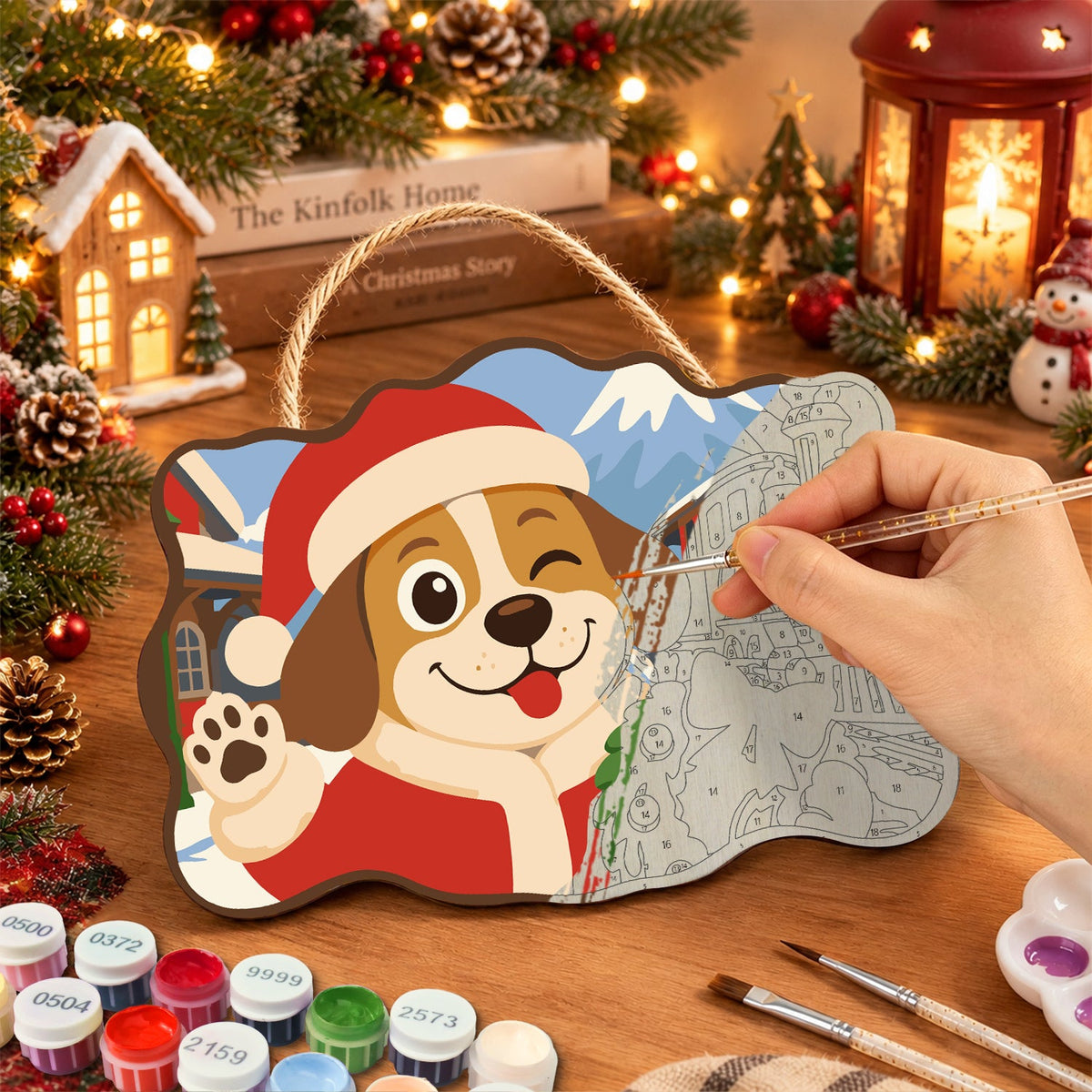 Winking christmas dog paint by numbers door hanger painting process