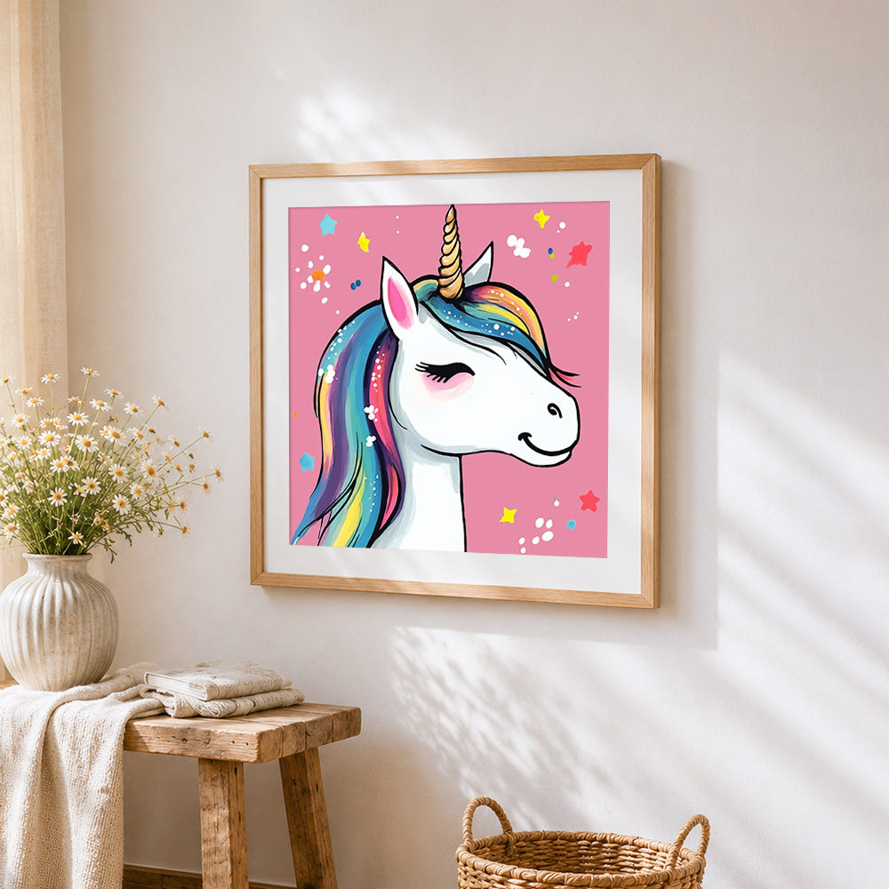Winking rainbow unicorn cross stitch artwork displayed on wall as home decor