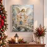 Finished winter angel with children pearl diamond painting artwork displayed as holiday home decor