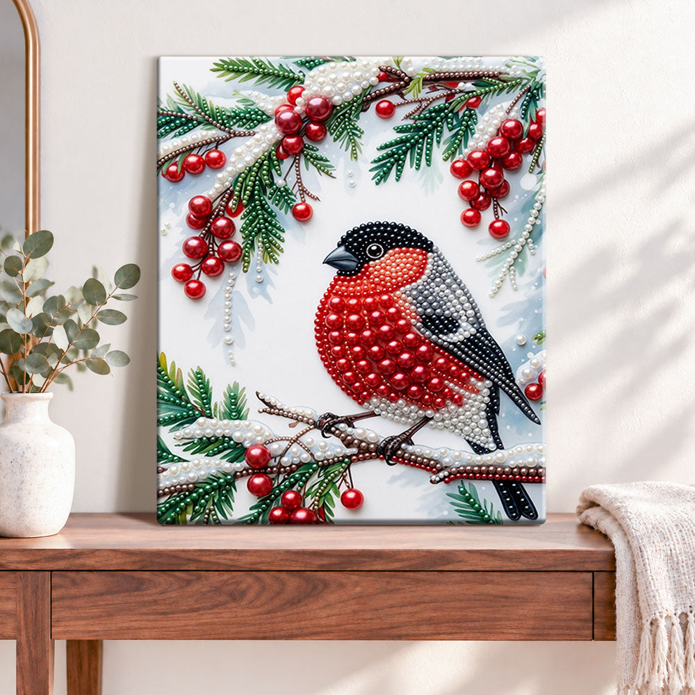 Finished winter berry bird pearl diamond painting artwork displayed as home decor
