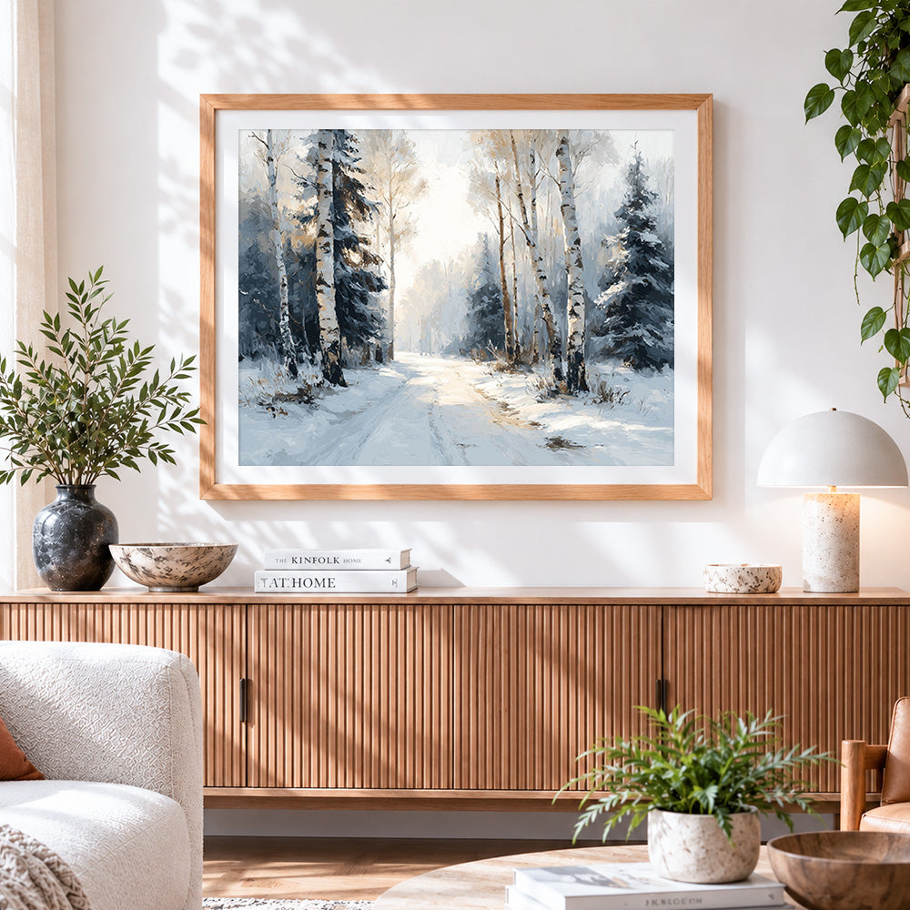 Finished winter birch forest path cross stitch artwork displayed