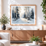 Finished winter birch forest path cross stitch artwork displayed