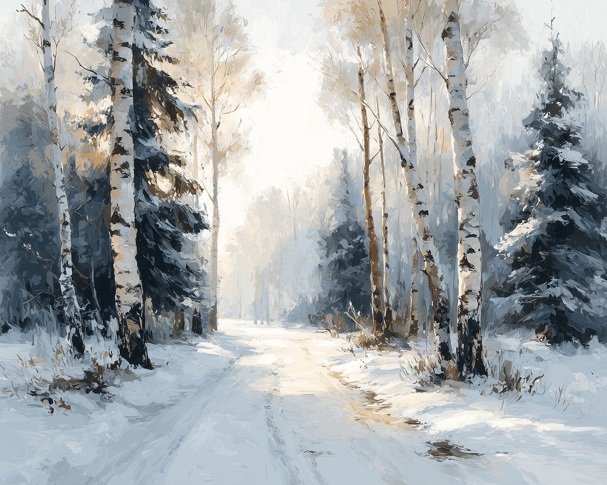Winter birch forest path paint by numbers kit for beginners