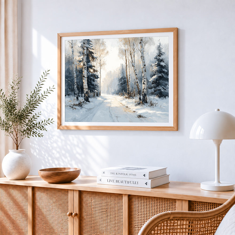 Winter birch forest path paint by numbers artwork displayed on wall as home decor
