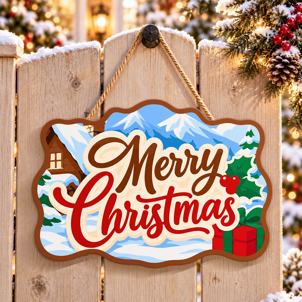 Winter cabin christmas paint by numbers door hanger on a garden gate