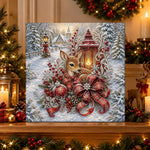 Finished winter fawn with glowing lantern pearl diamond painting artwork displayed as holiday home decor
