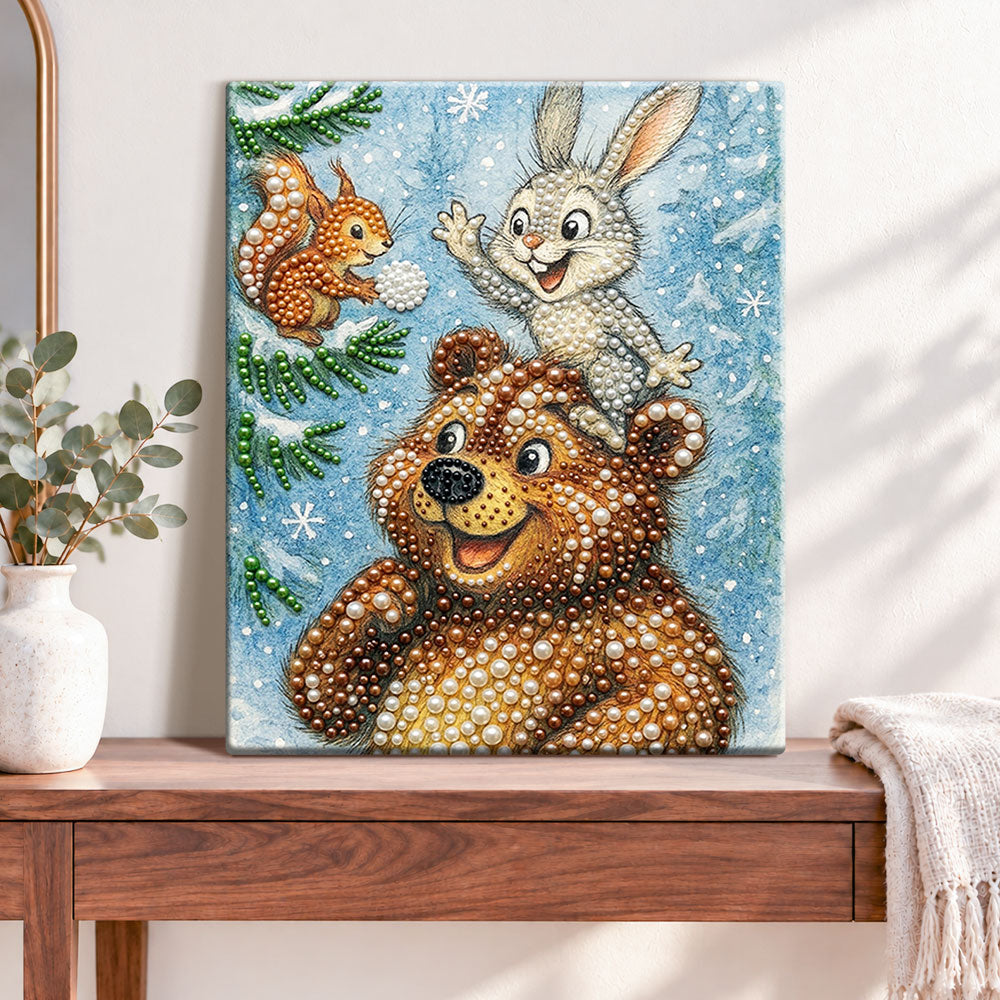Finished winter forest friends pearl diamond painting artwork displayed as home decor