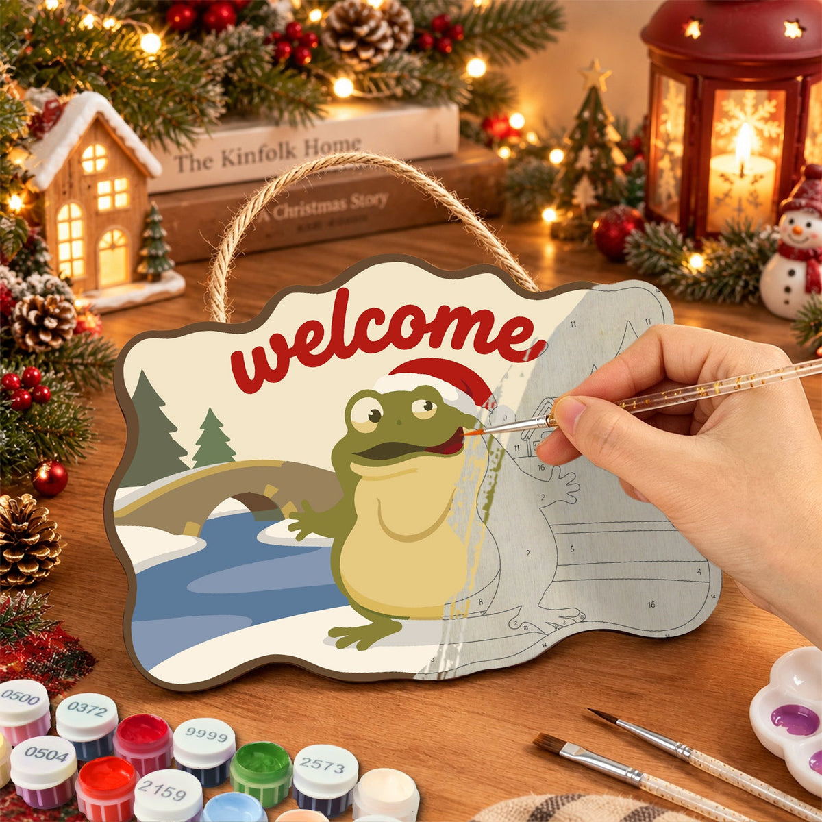 Winter frog warm welcome paint by numbers door hanger painting process
