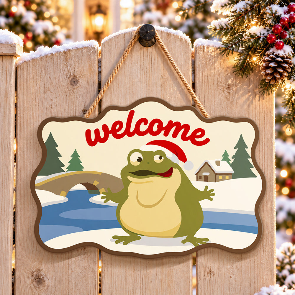 Winter frog warm welcome paint by numbers door hanger on a garden gate