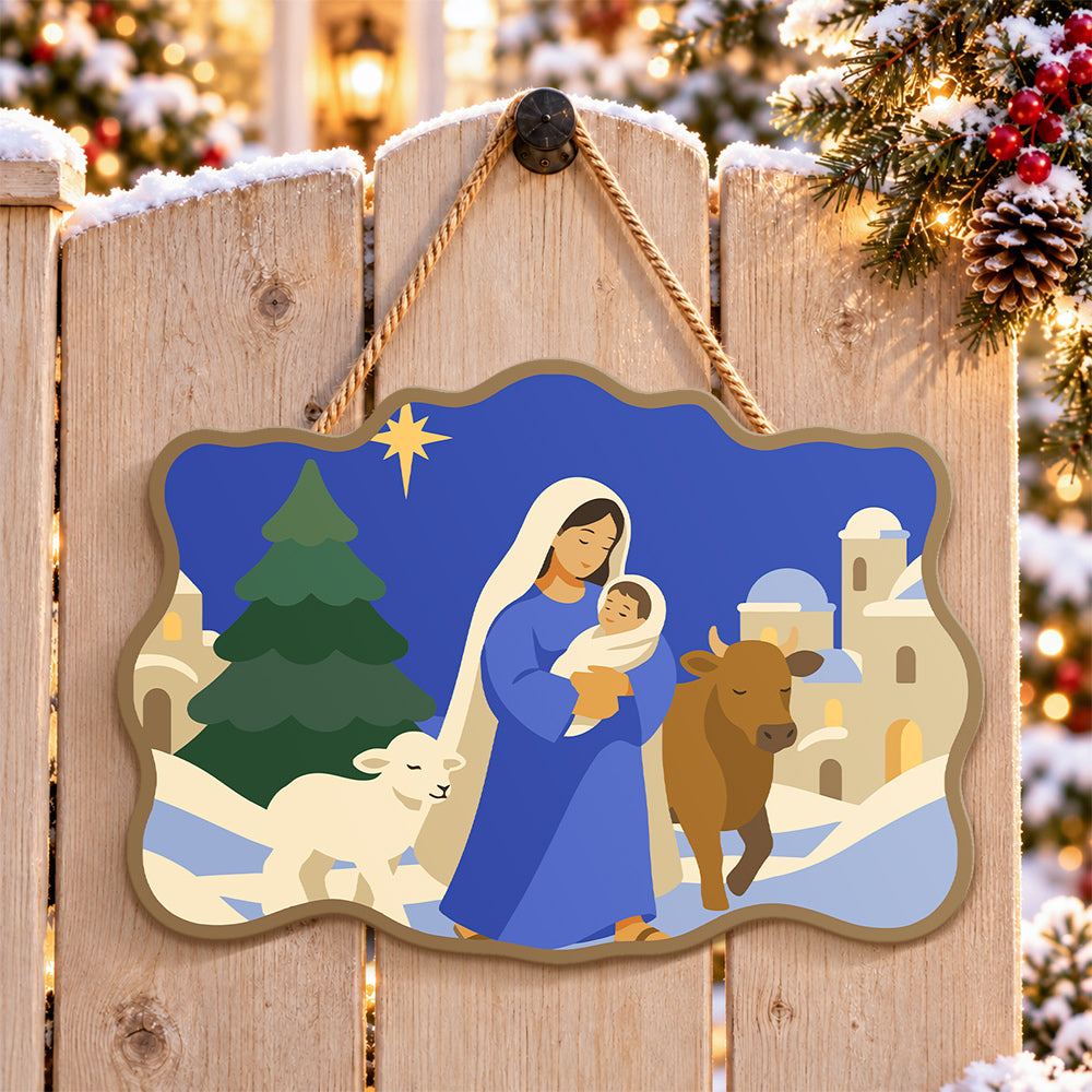 Winter holy mother paint by numbers door hanger on a garden gate
