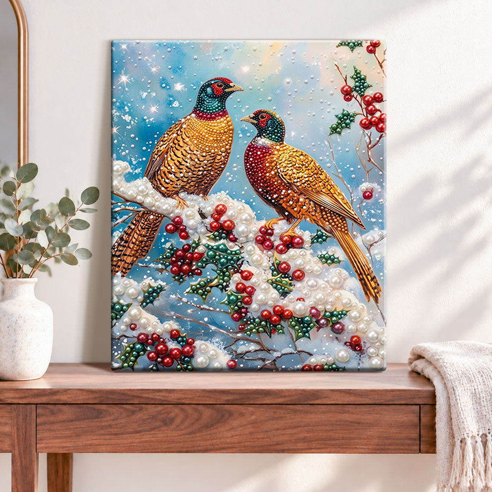 Finished winter pheasant pair pearl diamond painting artwork displayed as home decor