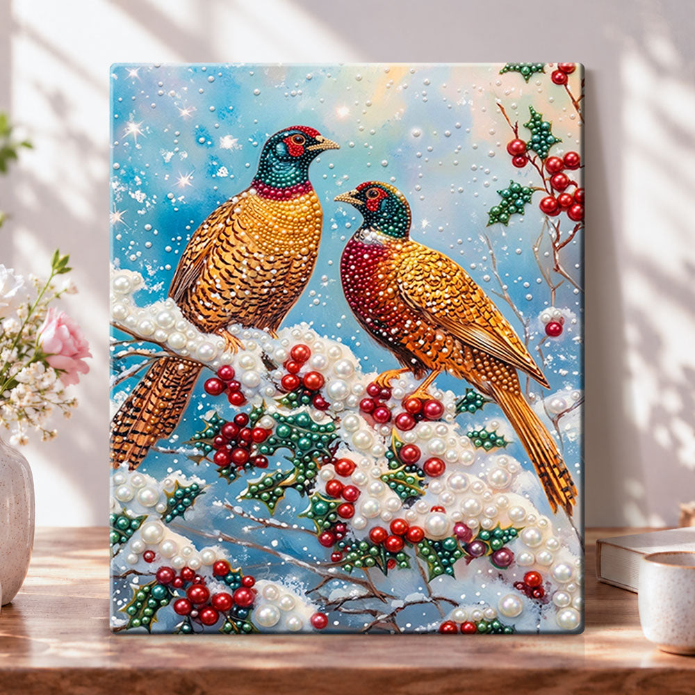 Winter pheasant pair pearl diamond painting kit for beginners