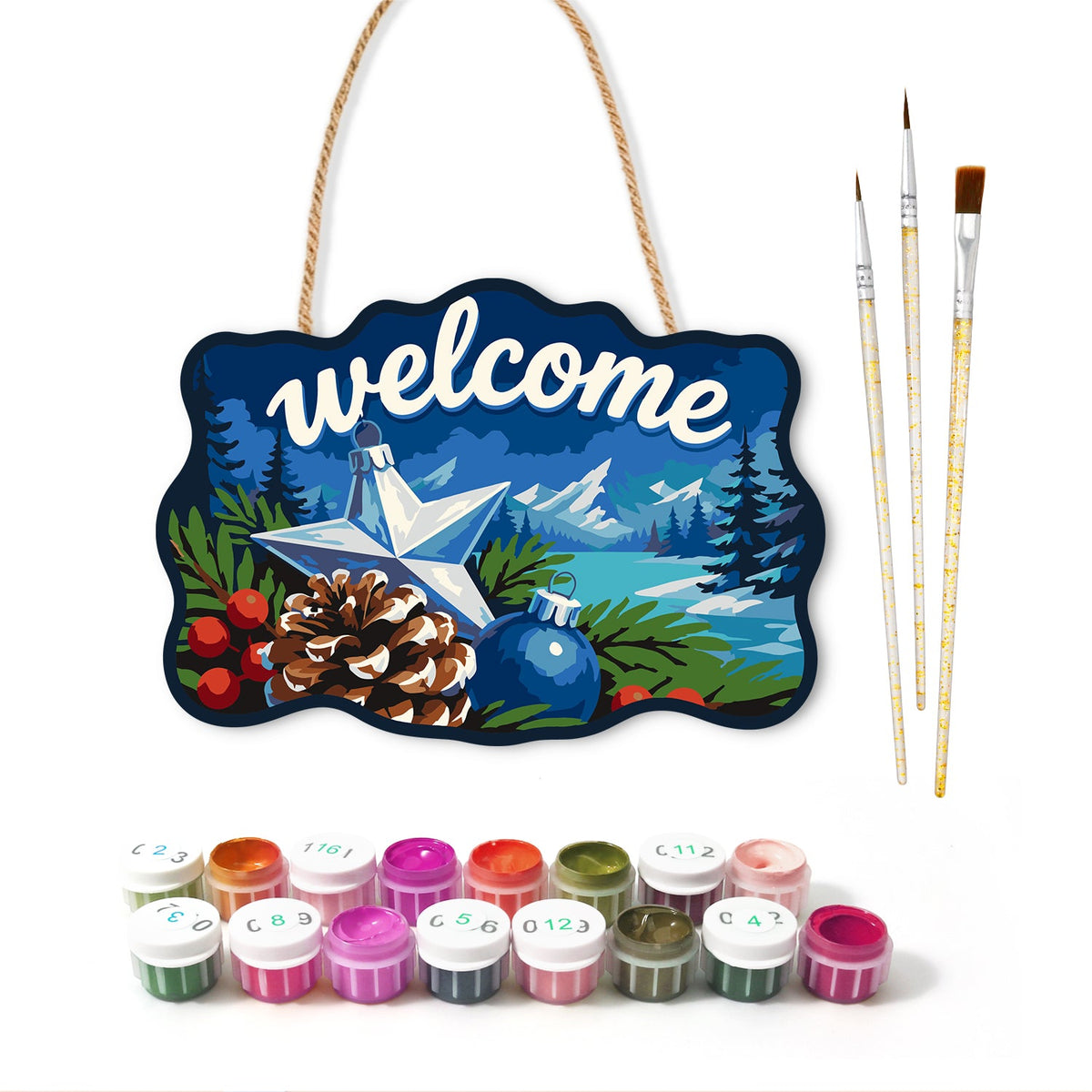 Winter pinecone star welcome paint by numbers door hanger with paints and brushes