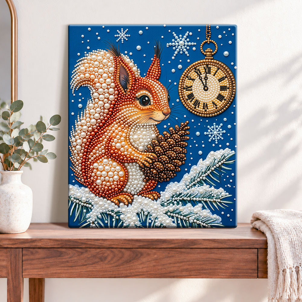 Finished winter squirrel clock pearl diamond painting artwork displayed as home decor