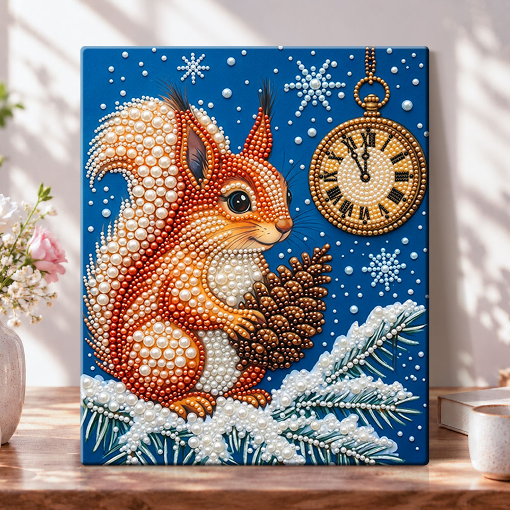 Winter squirrel clock pearl diamond painting kit for beginners