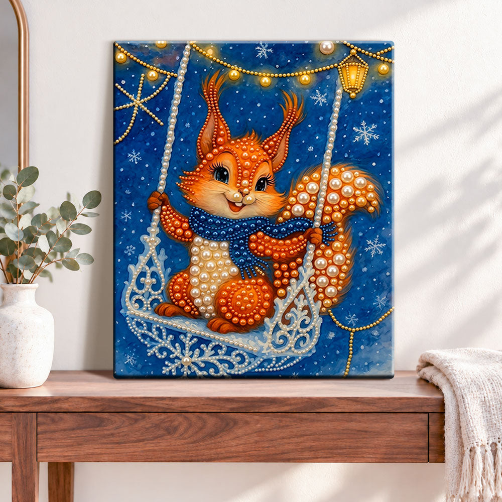 Finished winter squirrel swing pearl diamond painting artwork displayed as home decor
