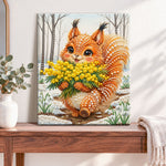 Finished winter squirrel with blooms pearl diamond painting artwork displayed as home decor