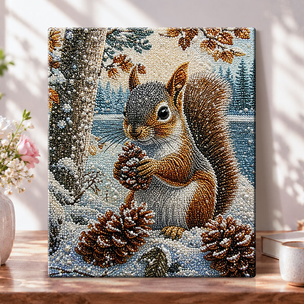 Winter squirrel with pinecones pearl diamond painting kit for beginners