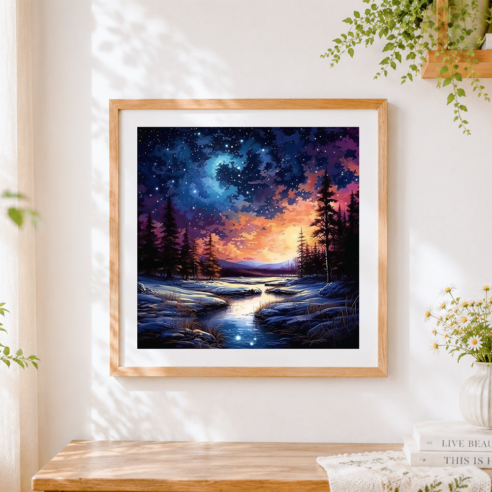 Finished winter stream under a starry sky cross stitch artwork displayed