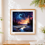 Finished winter stream under a starry sky cross stitch artwork displayed