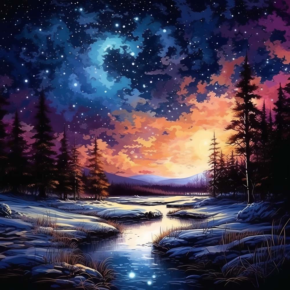 Winter stream under a starry sky cross stitch kit for beginners