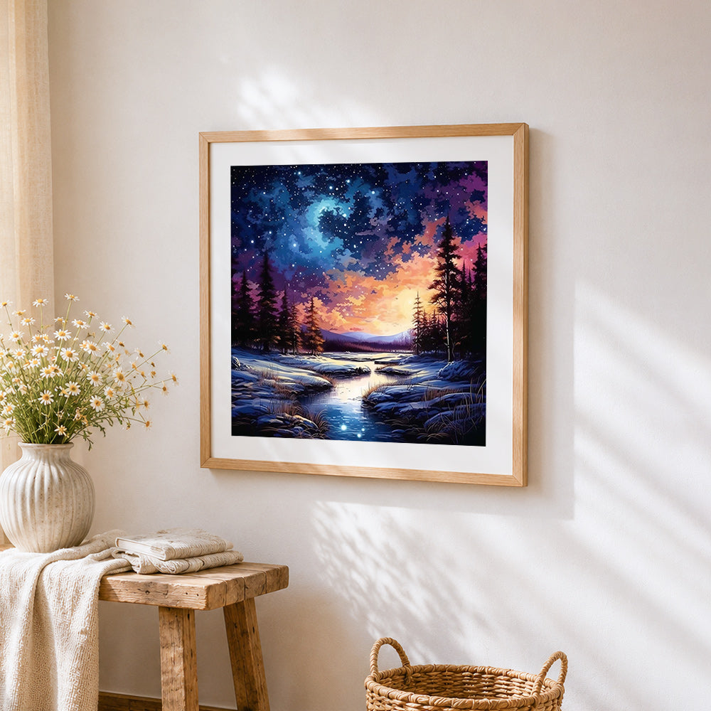 Winter stream under a starry sky cross stitch artwork displayed on wall as home decor