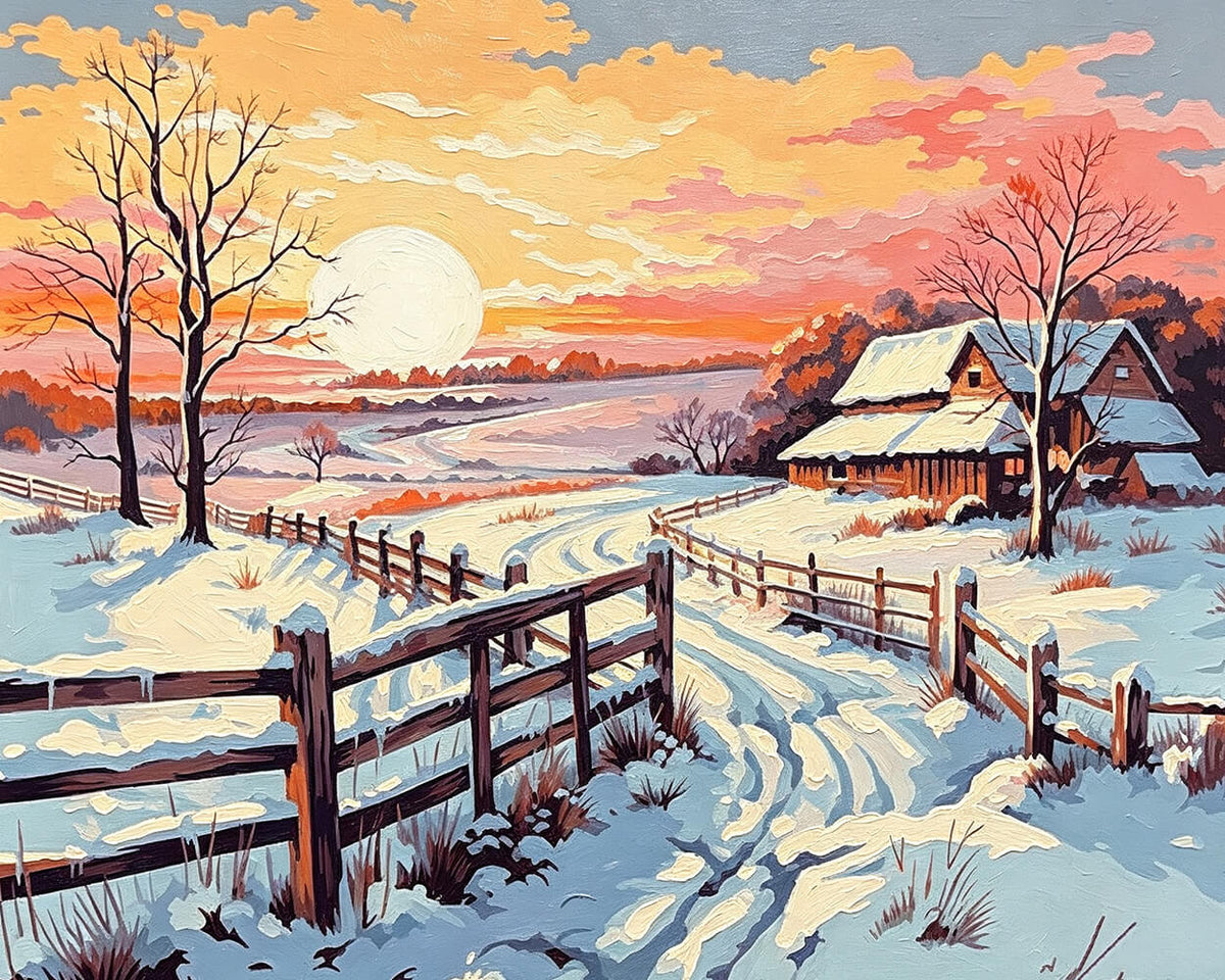 Winter sunset and snowy cabin cross stitch kit for beginners