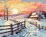 Winter sunset and snowy cabin paint by numbers kit for beginners