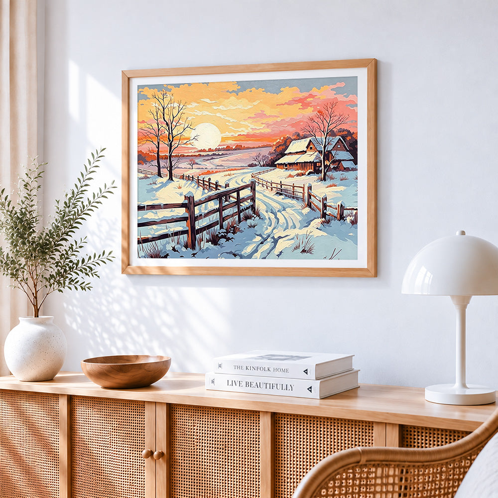 Winter sunset and snowy cabin paint by numbers artwork displayed on wall as home decor