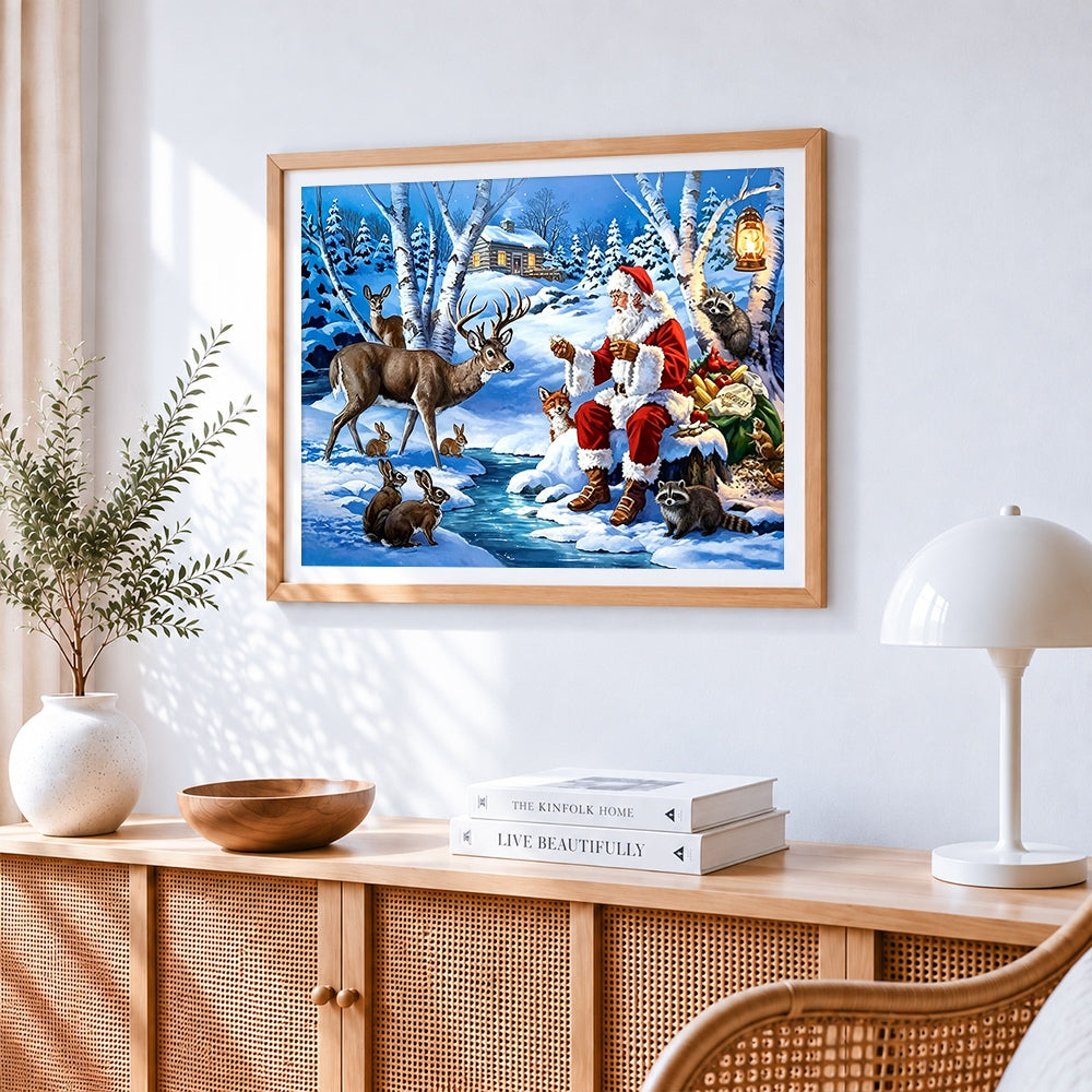 Winter woodland santa and animal friends cross stitch artwork displayed on wall as home decor