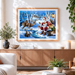 Finished winter woodland santa and animal friends paint by numbers artwork displayed as home decor