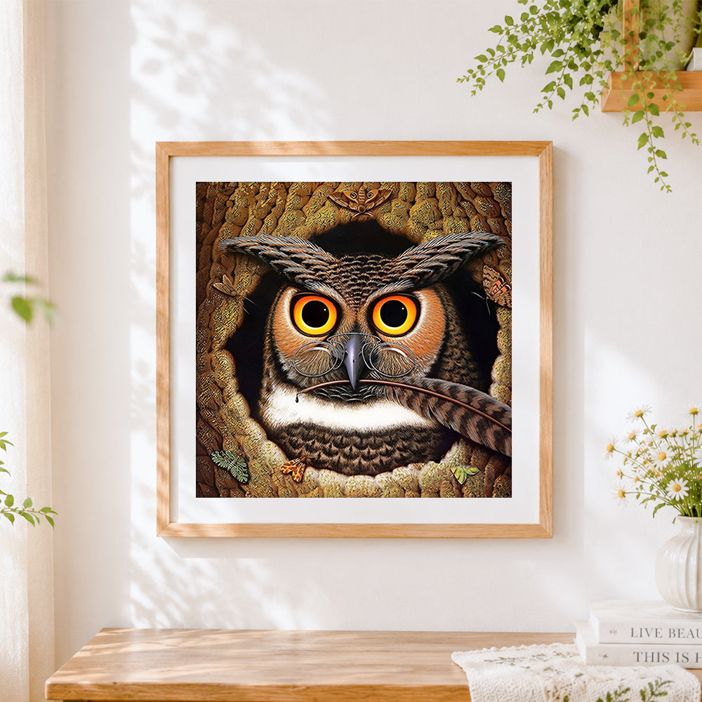 Finished wise owl with glasses cross stitch artwork displayed