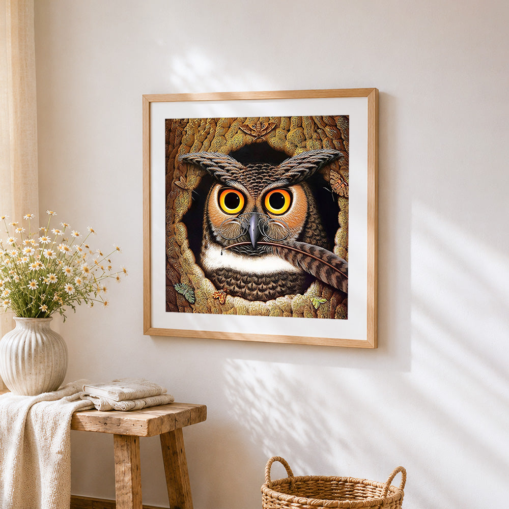 Wise owl with glasses cross stitch artwork displayed on wall as home decor