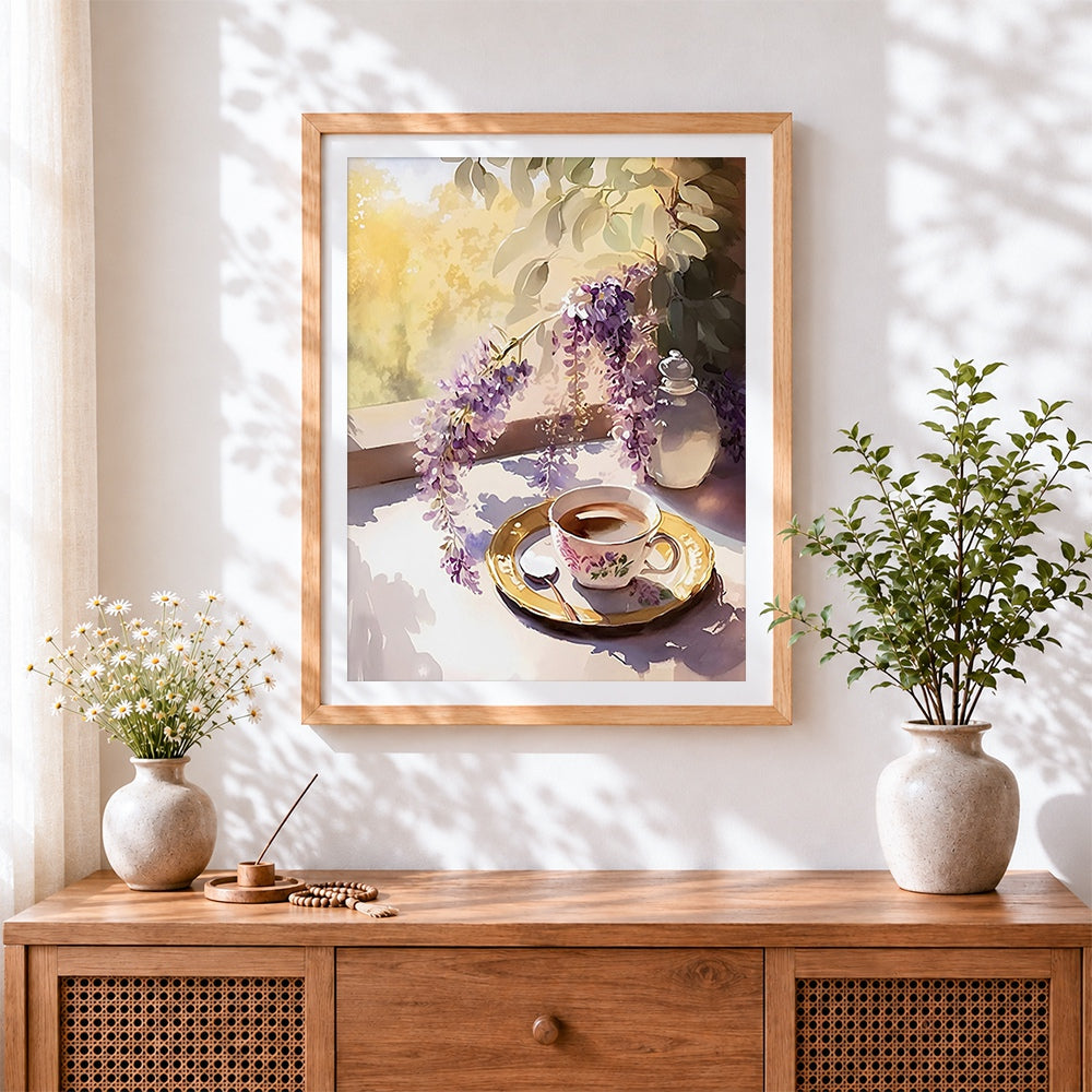 Finished wisteria and tea on a sunlit windowsill cross stitch artwork displayed