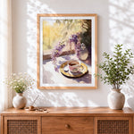 Finished wisteria and tea on a sunlit windowsill cross stitch artwork displayed