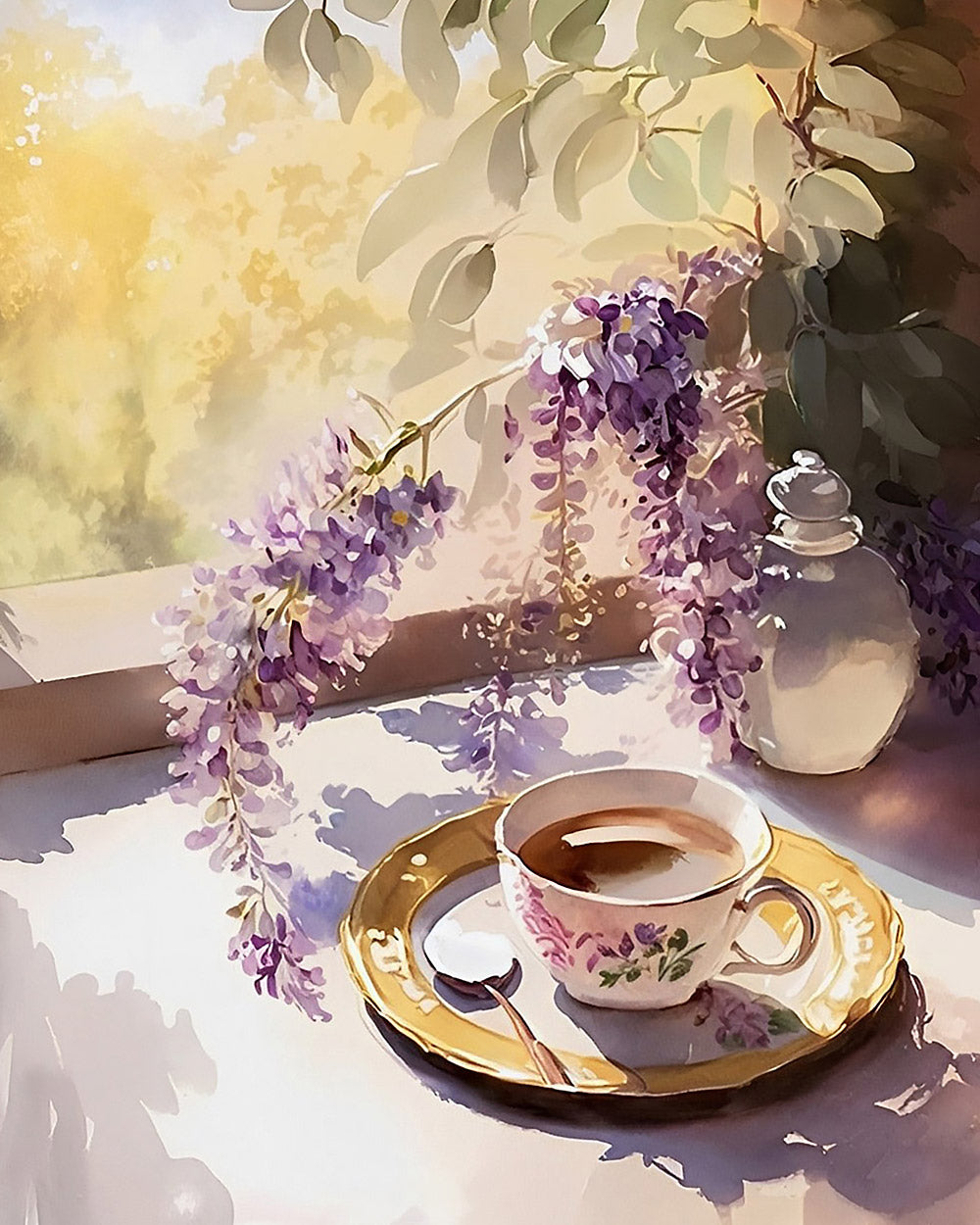 Wisteria and tea on a sunlit windowsill cross stitch kit for beginners