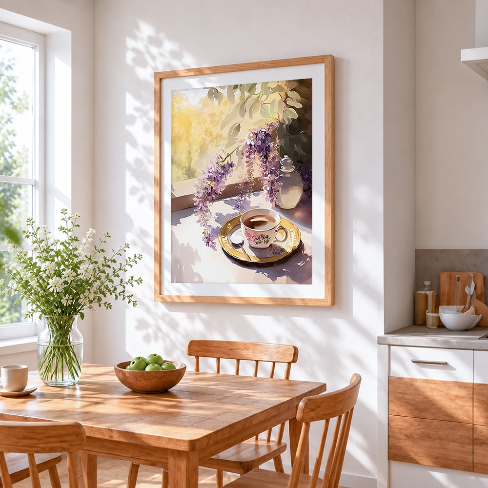 Wisteria and tea on a sunlit windowsill cross stitch artwork displayed on wall as home decor